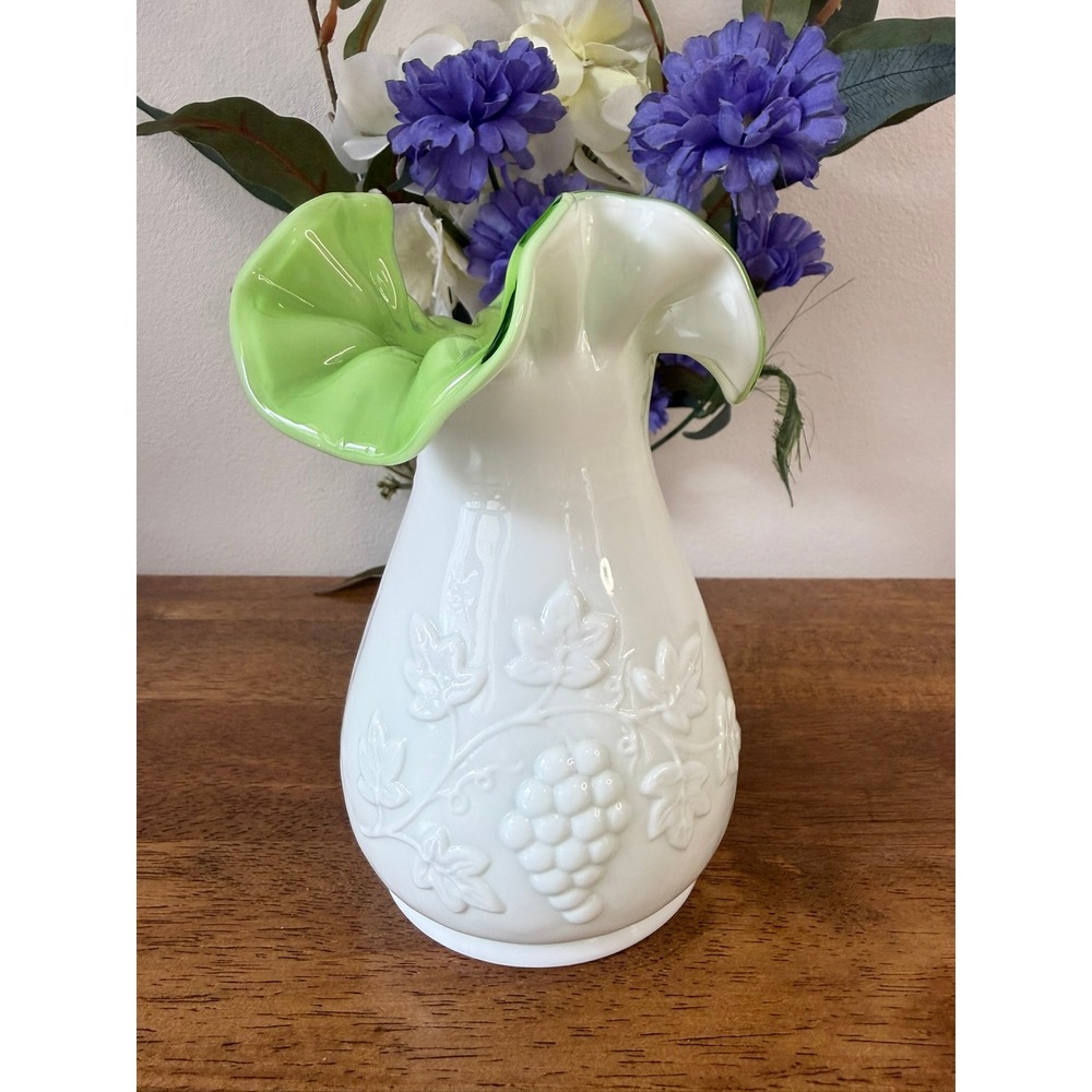 Vintage Kanawha Grape Milk‎ Glass Vase Green Cased Ruffled Vase Mid Century MCM